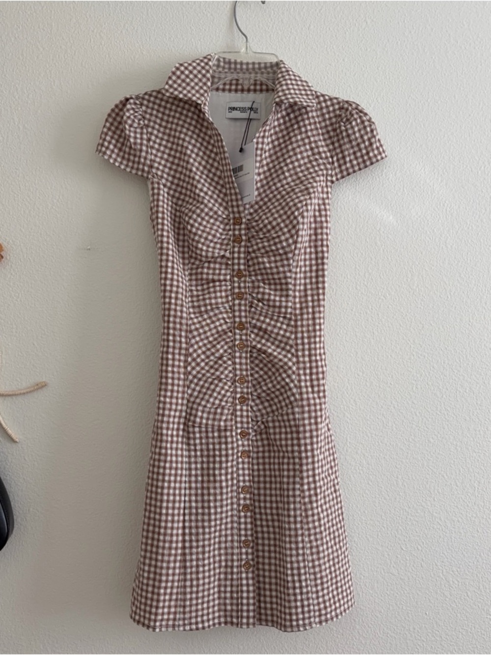 Princess Polly Brown Gingham Button-Down Mini Dress